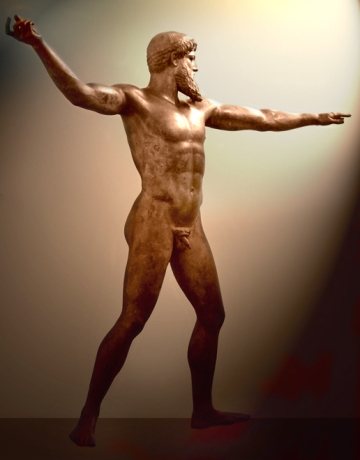 Artemision bronze, thought to be Poseidon or Zeus, in Athens Archeological Museum.